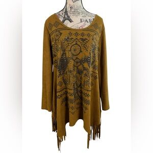 Vocal Bohemian Western Chic Fringe Soft Suede Camel Beaded Tunic Size M